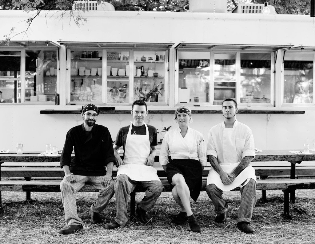 Cote Catering staff in front of their trailer kitchen at Springdale Farm in Austin Texas.